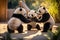 A Family of pandas playing and interacting with each other