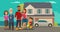 Family. Parents, grandparents and child on a tricycle on background with house and car.