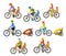 Family, Parents, Man Woman with their children, boy and girl, riding bikes. Safe kids seats and trolleys