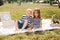 Family in a park playing on a grass