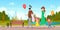 Family park walking. Parents outdoor activities with kids exact vector background