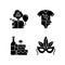 Family party greeting black glyph icons set on white space