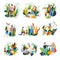 Family pastime parents and children isolated abstract icons