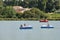 Family on pedalo on the pond of the leisure center of Jonzac