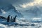 a family of penguins on the ice of a frozen lake