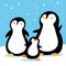 Family of penguins under snow. Cartoon family characters. Vector isolated hand draw. Use as illustration for a childrens
