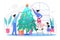 Family people decorate Christmas tree with balls and garland in cartoon home living room interior