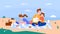 Family people on summer beach flat vector illustration, Cartoon happy mother and father spend time together with girl