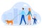 Family people walk vector illustration, cartoon happy young animal owners, father mother and son kid characters walking