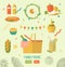 Family picnic glade illustration. Food and pastime icons. Flat. Barbecue object, picnic items.