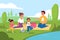 Family picnic in nature. Parents and kids walk in park, people on lake shore, lunch outdoor, happy mom and dad, son and