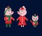 Family of pixel Christmas pigs in warm clothes