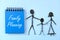 Family planning and birth control concept. Family stick figures beside a written notepad guide book flat lay.