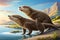 A family of playful otters sliding down a smooth riverbank into crystal-clear waters