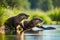 A family of playful otters sliding down a smooth riverbank into crystal-clear waters