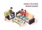 Family playing board game. Cards monopoly chess home leisure playing vector isometric happy people