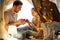 Family playing tea party in kids tent at home