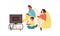 Family playing video games on TV console, flat vector illustration isolated.