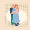Family portrait. European nationality, father and mother hug the child, daughter in her arms. Vector cartoon flat