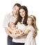 Family Portrait with Kids, Young Mother Father Daughter New Born Baby, Four Persons, Happy Children and Parents