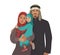 Family portrait. Middle Eastern Muslim People. Arab mother, father and little daughter. National Clothes. Vector Flat Illustration