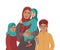 Family portrait. Middle Eastern Muslim People. Arab mother, son and little daughter. National Clothes. Vector Flat Illustration