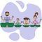 Family practicing yoga, parents and children in lotus position, cartoon illustration of people doing meditation