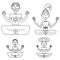 Family practicing yoga, parents and children in lotus position, outline illustration of people doing meditation