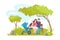 Family with pram sitting at bench, cartoon man woman parent in park vector illustration. Mother father charcater look at