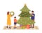 Family prepare Christmas. Child decorate tree, father and mother with xmas wreath. Parents with son, cozy home winter