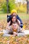 Family pretend pyramid autumn park