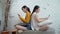 Family problems of internet addiction concept , mother and teen daughter with smartphones networking