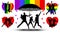 Family is protected by an umbrella, silhouette. Gender couple. Propaganda, LGBT flag.