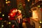 Family read stories sitting on coach in front of fireplace in Christmas decorated house interior