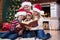 Family read stories sitting on sofa in front of fireplace in Christmas decorated house interior