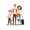 Family ready vacation standing together smiling, happy parents children dog travel. Cartoon family