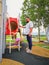 Family recreation at the playground. Climbing and being active