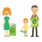 Family recycling plastic bottles. Flat styled characters isolated. Vector illustration.