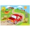 Family in a red car leaves the farm where animals live horses and cows, cartoon illustration, vector