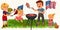 Family resting in park or garden, dad grilling meat on grill, mum holding baby, girls play on green grass with kite and