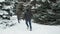 Family rests in winter forest, beautiful landscape with snowy fir trees