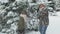 Family rests in winter forest, beautiful landscape with snowy fir trees