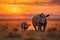 Family of rhinoceros walking through the savana at sunset. Amazing African wildlife