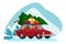 Family rides on car with Christmas Tree, gifts on roof. Preparation and celebrating New Year. Vector illustration