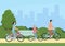 Family riding bikes. Mother, father and children outdoor recreational activity. Vector illustration concept leisure