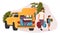 Family road trip flat vector illustration. Cartoon father and son carrying backpacks, watermelon. Car loaded with camping