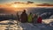 A Family\\\'s Sunset Embrace Amidst the Snow top of the mountain. Generative AI