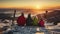 A Family\\\'s Sunset Embrace Amidst the Snow top of the mountain. Generative AI