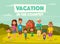 Family`s vacation in the countryside. Cartoon vector illustration