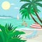 Family sea beach vacation, amicable character father mother and child play ball ocean flat vector illustration. Tropical